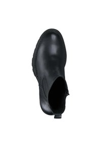 Black leather ankle boot with a smooth finish, elastic side panels, and a pull tab at the back. Sturdy rubber sole for traction.