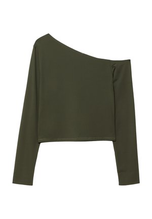 Olivgrünes, einseitig geschnittenes Langarm-Crop-Top mit asymmetrischem Ausschnitt und taillierter Silhouette.