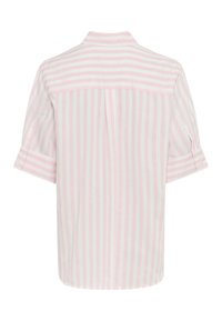 Short-sleeve shirt in light pink and white vertical stripes, with a back yoke and pleat detail, featuring buttoned cuff sleeves.