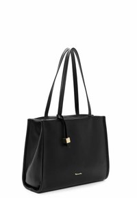 Sac cabas en cuir noir avec deux longues anses, un petit détail de serrure dorée et un logo doré subtil sur le devant.