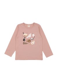 Langarmhemd aus weichem pinkfarbenem Stoff mit einem grafischen Design von verschiedenen illustrierten Katzen in unterschiedlichen Posen und Farben.