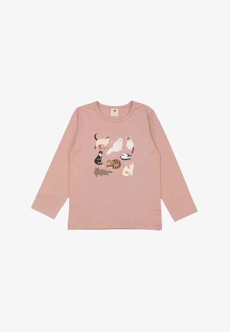 Langarmhemd aus weichem pinkfarbenem Stoff mit einem grafischen Design von verschiedenen illustrierten Katzen in unterschiedlichen Posen und Farben.