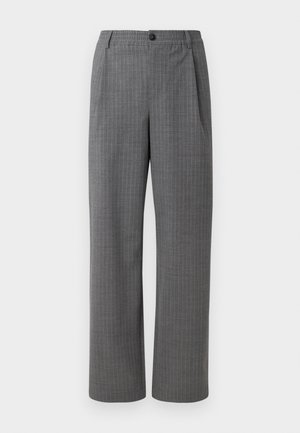 Gray dress trousers with vertical white pinstripes. Made from a smooth fabric, featuring a button closure and wide-leg design.