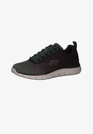 Sneaker sportiva nera e grigia con tomaia in mesh traspirante, chiusura con lacci, suola bianca imbottita e logo del marchio sul lato.