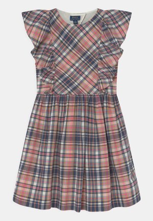 Kariertes Kleid mit gerafften Ärmeln in Blau, Pink und Weiß. Hergestellt aus leichtem Stoff mit ausgestelltem Rock.