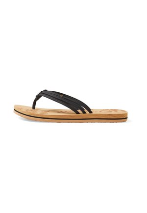 Black flip-flop sandals with two textured straps and a patterned tan footbed, featuring a subtle logo and a light-colored sole.