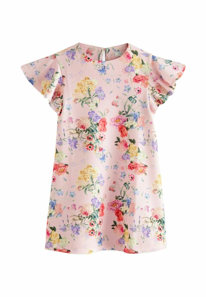 Blumenkleid mit kurzen, gerafften Ärmeln. Aus strukturiertem pinkfarbenem Stoff gefertigt, mit einem bunten Blumenmuster in verschiedenen Farbtönen.