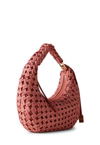 Gewebte Handtasche in zartem Pink, mit einer kurvenförmigen Silhouette und strukturiertem Stoff. Enthält ein Reißverschlussfach und einen robusten Schulterriemen.