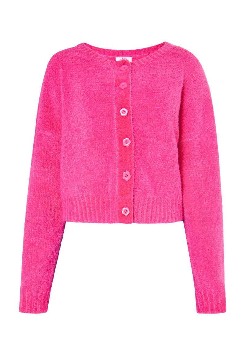 Fluffy, verkorte cardigan in helderroze, met een ronde halslijn, roze knoopsluiting en geribbelde manchetten en zoom. Zachte textuur overal.