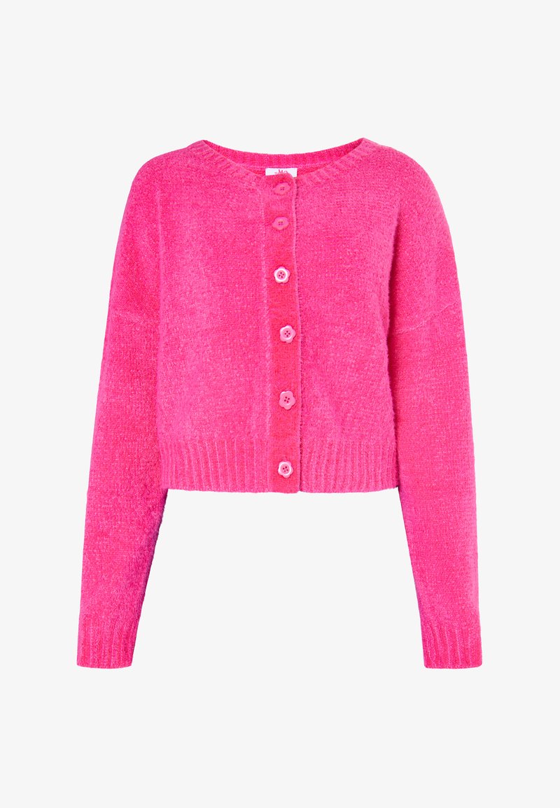 Flauschige, taillierte Strickjacke in leuchtendem Pink mit runder Halslinie, pinkfarbener Knopfschließe und gerippten Bündchen und Saum. Weicher Stoff über die gesamte Jacke.