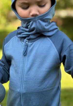 Blaues Zip-Hoodie mit hohem Kragen und Kapuze, aus weichem Stoff gefertigt. Verfügt über Raglanärmel und einen Frontreißverschluss mit Zuglasche.