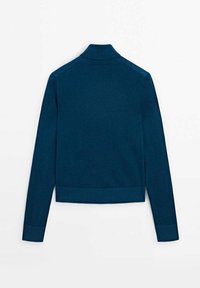 Dark blue long-sleeve sweater with a high ribbed collar and ribbed cuffs, shown from the back against a plain white background.