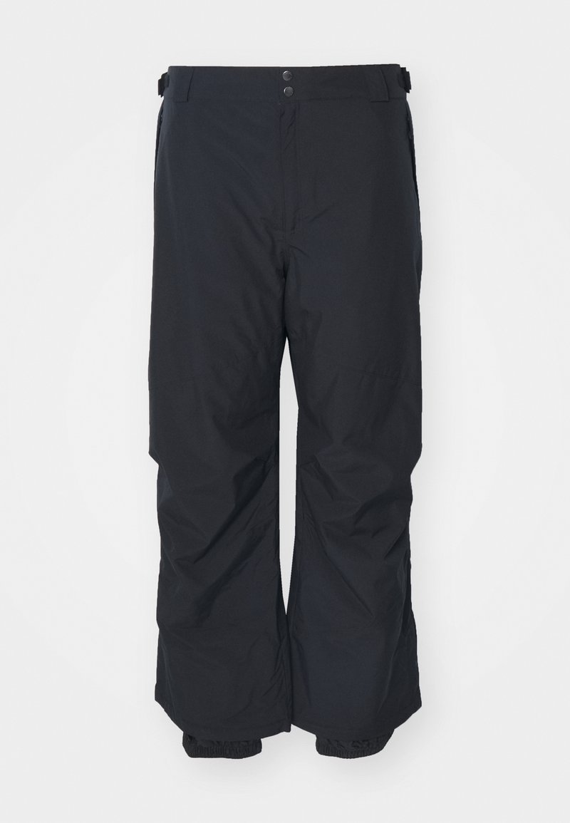 Pantalon de neige isolant noir avec taille ajustable, poches latérales et bas élastiqués, conçu pour les activités extérieures hivernales.