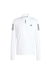 Biała, długorękawowa, sportowa bluza z półzamkiem, z trzema czarnymi paskami na każdym rękawie oraz małym czarnym logo na klatce piersiowej.