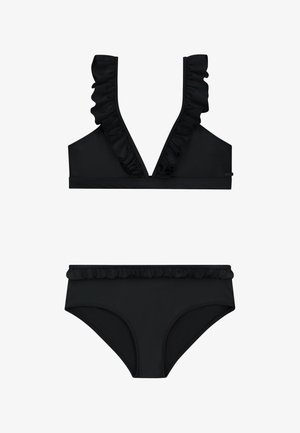 Bikini nero con colletto arricciato sulla parte superiore e dettagli arricciati abbinati sui pantaloni a vita alta, texture del tessuto liscia.