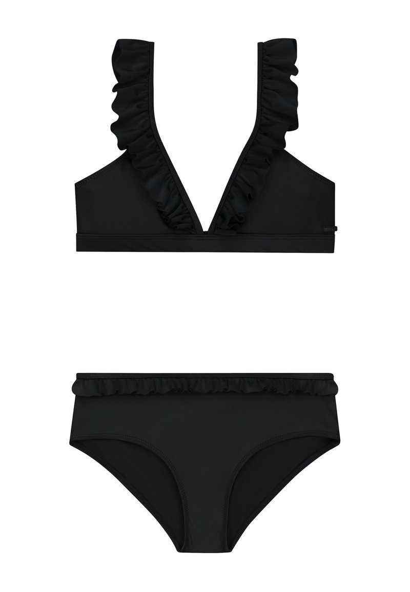 Bikini nero con colletto arricciato sulla parte superiore e dettagli arricciati abbinati sui pantaloni a vita alta, texture del tessuto liscia.