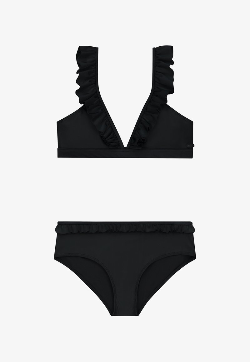 Črn bikini z nabranim ovratnikom na zgornjem delu in usklajenimi nabranimi detajli na visokih hlačkah, gladka tekstura tkanine.