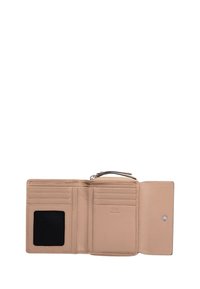 Portafoglio in pelle beige con molteplici scomparti per carte, una tasca trasparente per l'ID e chiusura a bottone a pressione. Texture liscia e design compatto.