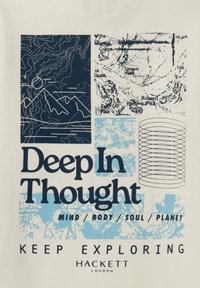 Topografické mapové úseky, design spirálové čáry a text čtoucí "Hluboce zamyšlen, Mysl / Tělo / Duše / Planeta, Pokračujte v objevování, Hackett London" na látce.