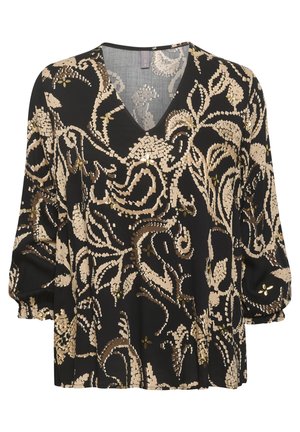 Sort V-hals bluse med beige og brunt abstrakt blomsterprint og 3/4 længde ærmer med elastiske manchetter.