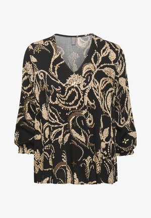 Blouse noire col en V avec motif floral abstrait beige et marron et manches 3/4 avec poignets élastiqués.