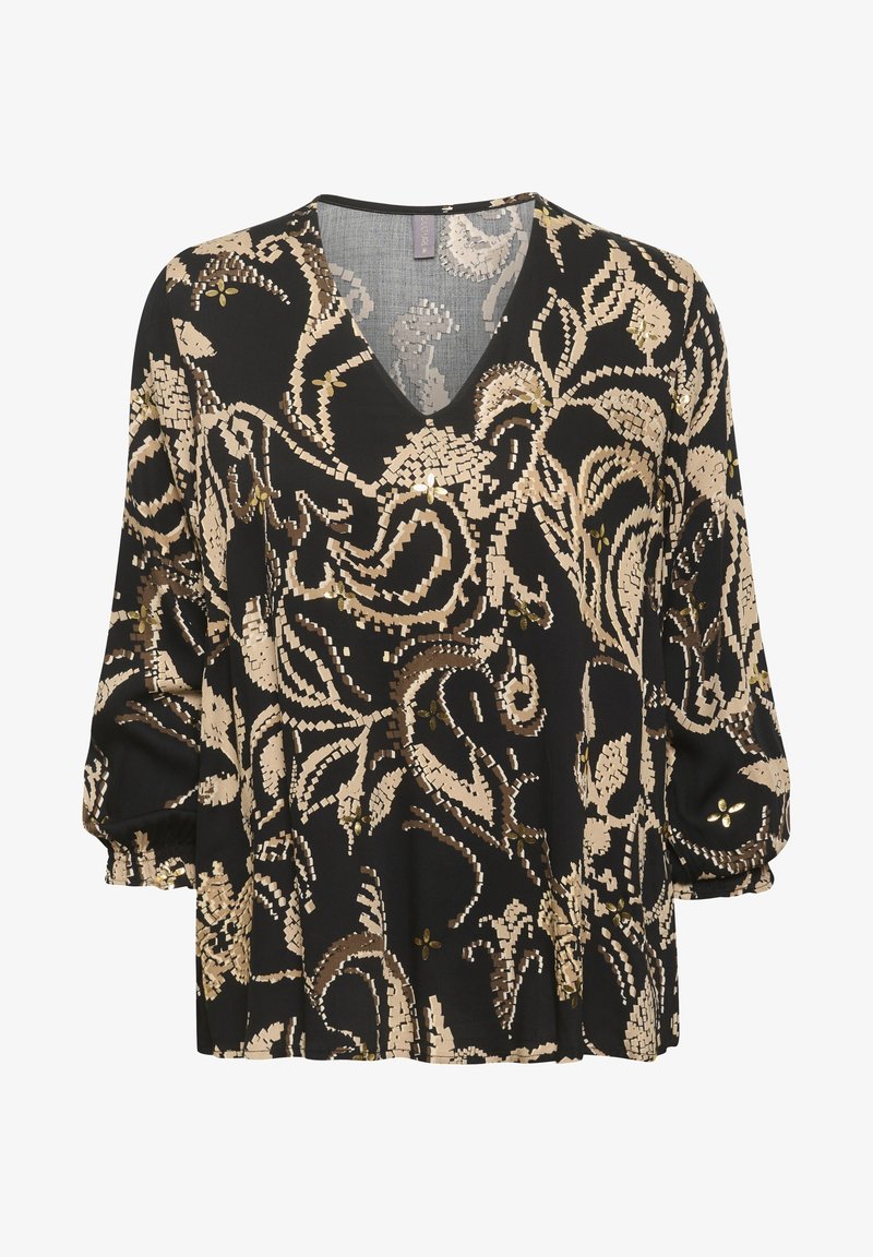 Blouse noire col en V avec motif floral abstrait beige et marron et manches 3/4 avec poignets élastiqués.