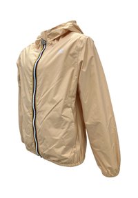 Giacca in nylon pesca chiaro con cappuccio, zip frontale e polsini elastici. Presenta un logo ricamato e dettagli a blocchi di colore sulla zip.