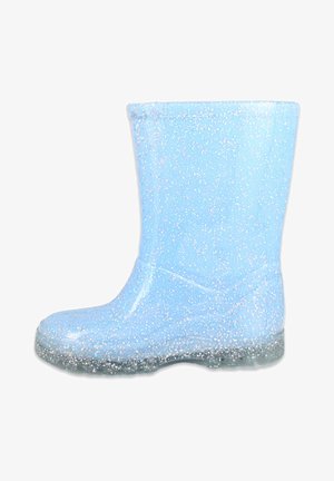 Blue glitter rain boot, made of translucent rubber, features a smooth texture, mid-calf height, and textured sole for traction.
