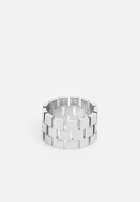 Silver ring with a geometric design, featuring interlocking rectangular links and open spaces, creating a textured appearance.