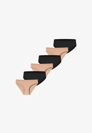 Sept culottes féminines en beige et noir alternés disposées en diagonale sur un fond blanc.