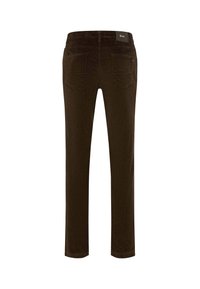 Braune Corduroyhose mit geradem Bein. Mit Gesäßtaschen und einem Logotag am Bund. Strukturierter Stoff.