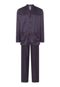 Conjunto de pijama de seda azul marino con un diseño estampado de círculos pequeños en rojo y azul, una camisa con botones y pantalones de pierna recta.