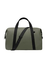 Vihreä vedenpitävä duffel-laukku, jossa on musta säädettävä olkahihna ja tukevat kantokahvat. Sileä pinta, minimalistinen muotoilu, vetoketjukiinnitys.