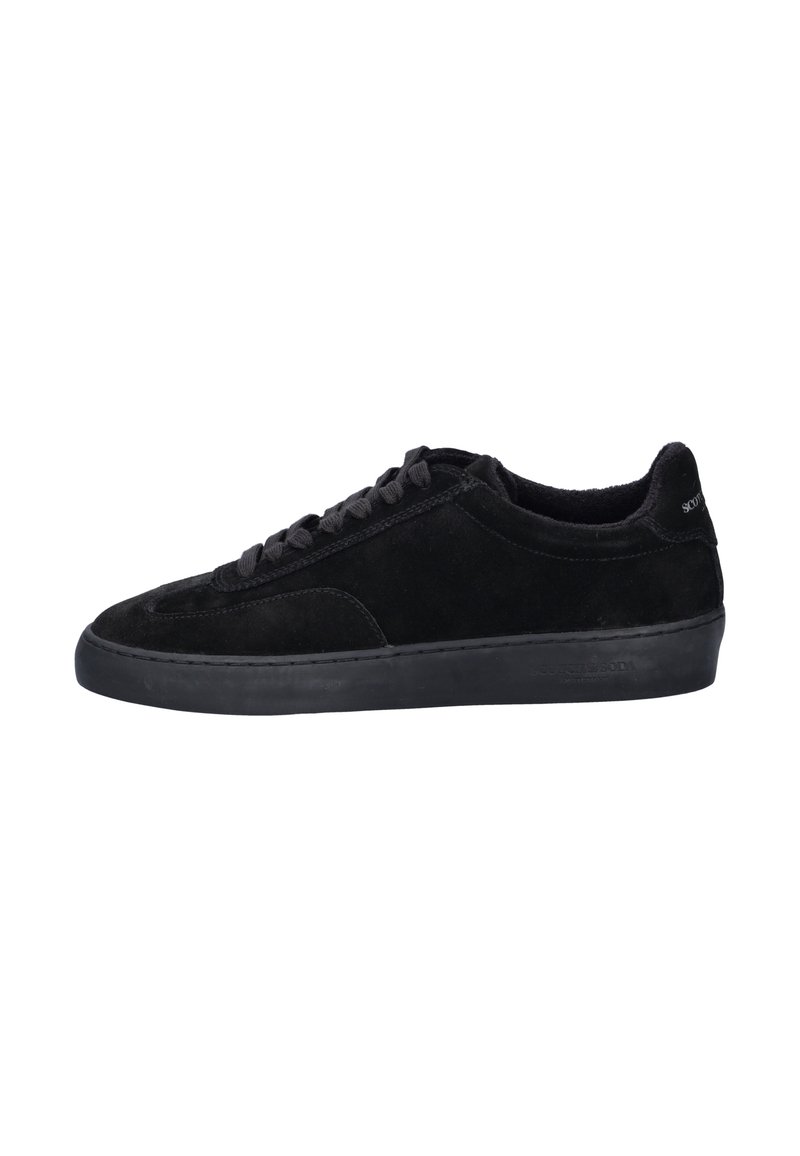 Black low-top suede sneaker with black rubber sole and black laces, viewed from the side on a white background.