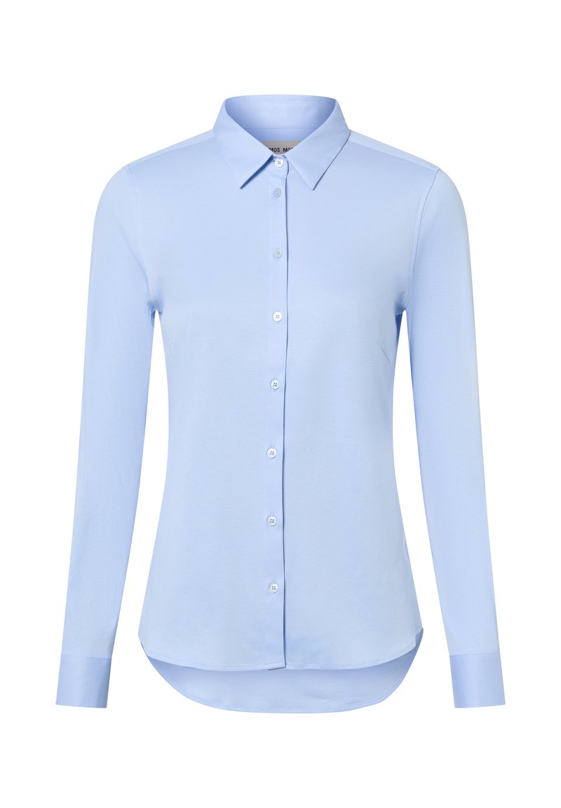 Jasnoniebieska koszula z długim rękawem i kołnierzykiem, zapięcie na guziki z przodu oraz zaokrąglony dół. Wykonana z gładkiego, miękkiego materiału.