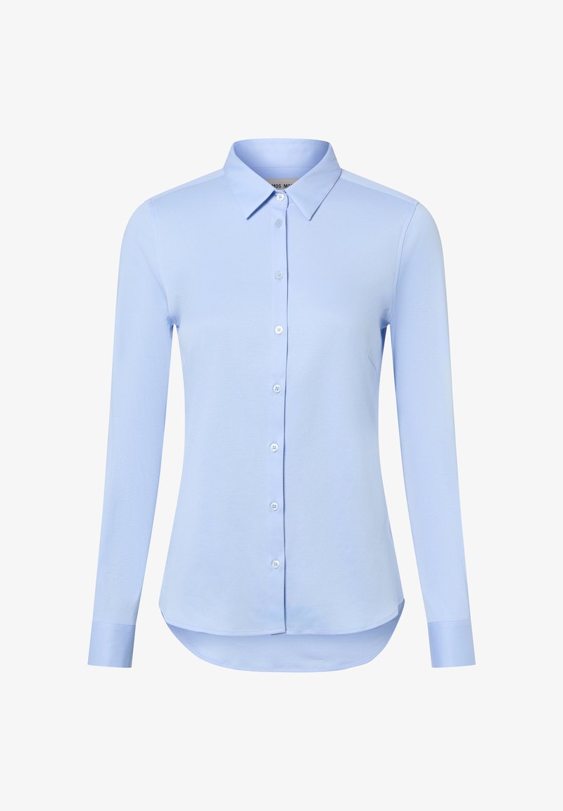 Jasnoniebieska koszula z długim rękawem i kołnierzykiem, zapięcie na guziki z przodu oraz zaokrąglony dół. Wykonana z gładkiego, miękkiego materiału.