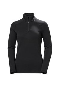Černý dlouhý rukáv pulovr s čtvrtinovým zipem a vysokým límcem, vyrobený z hladké látky, navržený pro přiléhavý střih.