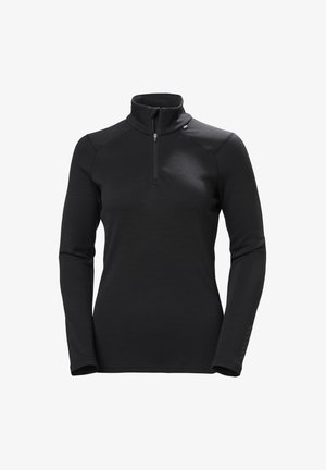 Jersey negro de manga larga con cremallera parcial y cuello alto, fabricado con un tejido suave, diseñado para un ajuste ceñido.