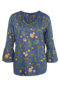 Blouse à fleurs en tissu bleu avec manches évasées, présentant des motifs floraux roses, jaunes et verts, encolure ronde et texture lisse.