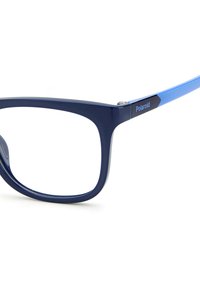 Lunettes en plastique navy au design géométrique épuré ; dotées d'accents bleus sur les branches et d'un logo Polaroid noir sur la monture.