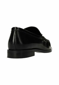 Zwarte leren schoenen met een gladde textuur, ronde neus, lage hak en decoratieve stiksels op de bovenkant. Minimalistisch design, glanzende afwerking.