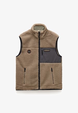 Béžová fleecová vesta s šedým panelem, zipovými kapsami, vysokým límcem a černými detaily; na hrudi a rameni obsahuje logovou nášivku.