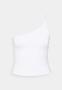 Top bianco a spalla unica, design aderente, tessuto elasticizzato, texture liscia e orlo dritto. Semplice e minimalista, senza dettagli aggiuntivi.