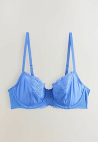 Ljusblå bh med spetsdetaljer på toppen av kuporna, slät tygkropp, justerbara axelband och en klassisk underwire-design.