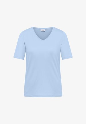 Lyseblå T-shirt med korte ærmer og V-hals, almindelig pasform og glat stof, mærket "CECiL" ved kraven.