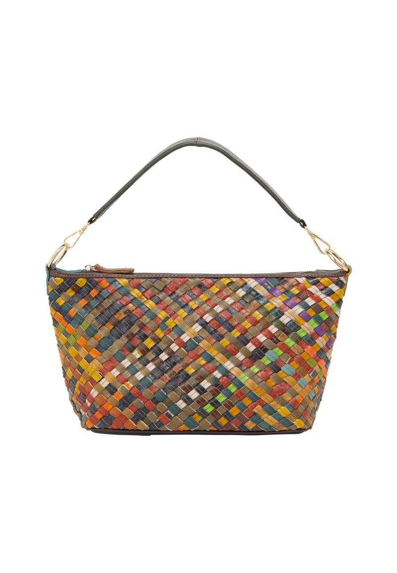 Vævnet multifarvet håndtaske med en rund toppen, grå læderhåndtag og guldhardware. Den strukturerede mønster har forskellige farvede striber.