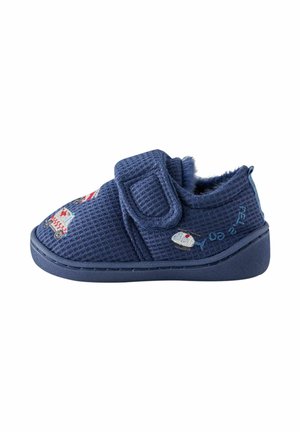 Pantofole blu per bambini con cinturino in velcro, ricamo con ambulanza ed elicottero e morbida fodera interna.
