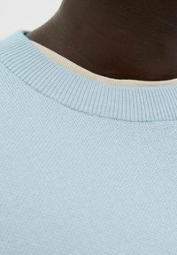 Light blue sweater with a textured knit, featuring a ribbed collar and contrasting cream inner neckline. Simple design, no visible patterns.
