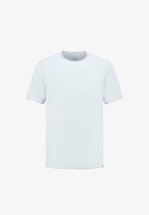 Weißes T-Shirt mit kurzen Ärmeln, aus weicher Baumwolle; hat einen Rundhalsausschnitt und einen geraden Saum mit minimalistischem Design und ohne Muster oder Grafiken.