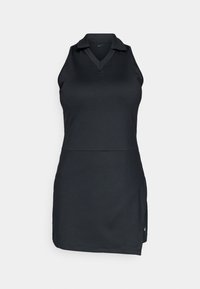 Μαύρο αμάνικο φόρεμα με γιακά, κατασκευασμένο από λείο ύφασμα. Διαθέτει εφαρμοστή κορυφή και φουσκωτή φούστα με πλευρική σχισμή. Λογότυπο Nike στο τελείωμα.